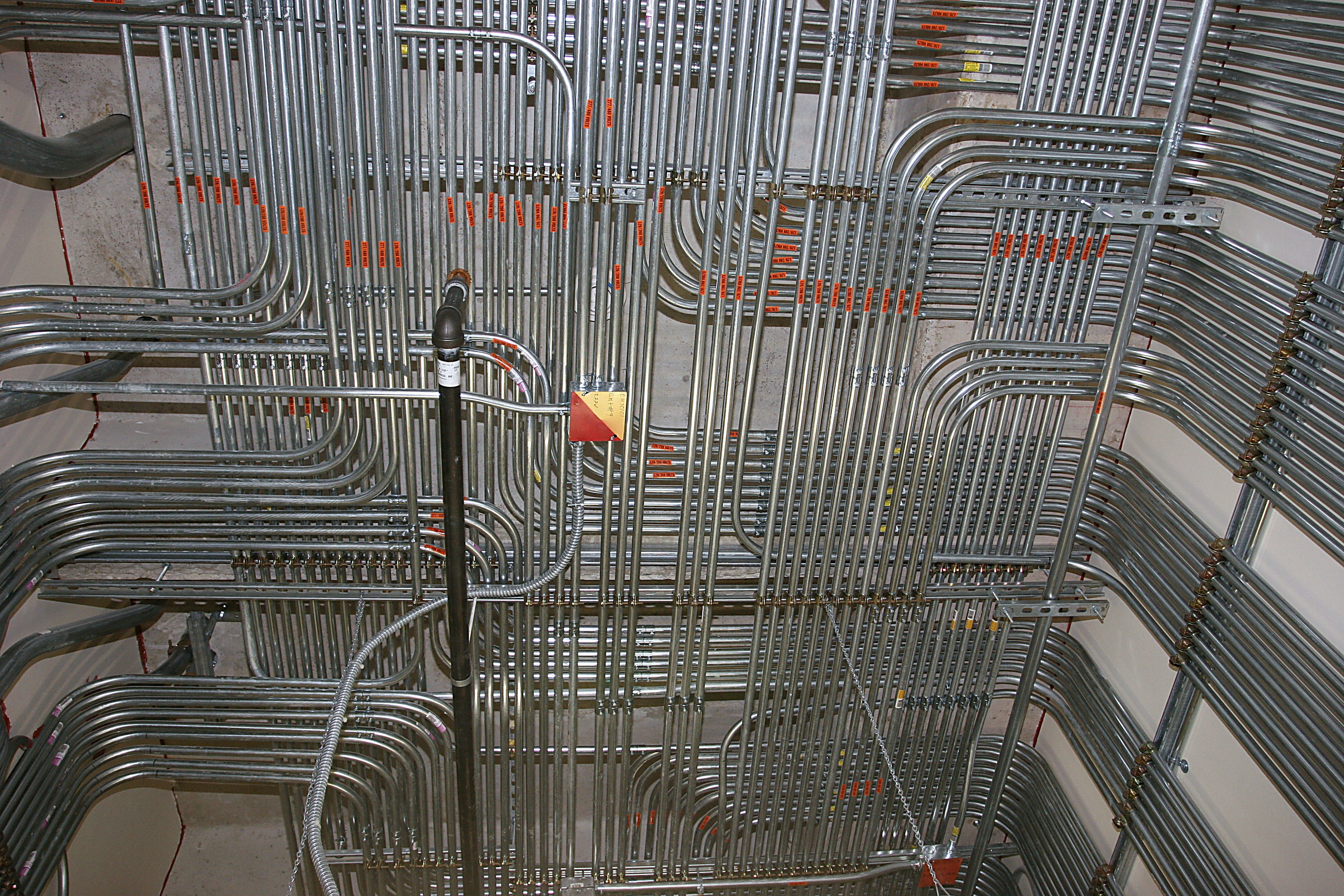 Pipes, wiring and electrical tubing in the Dell Childrens Medical Center in Austin, TX.