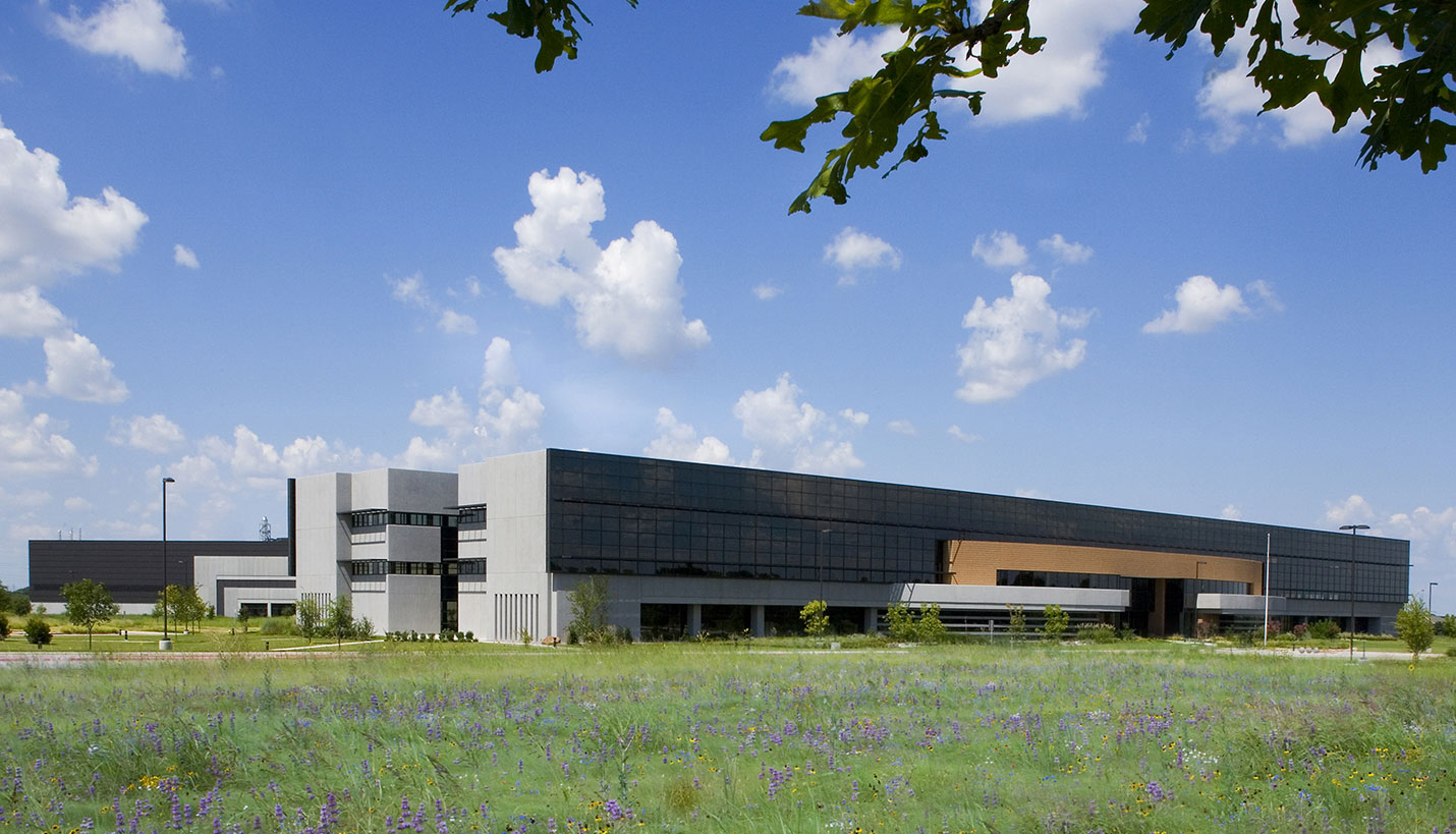 Ground level view of Texas Instruments building.